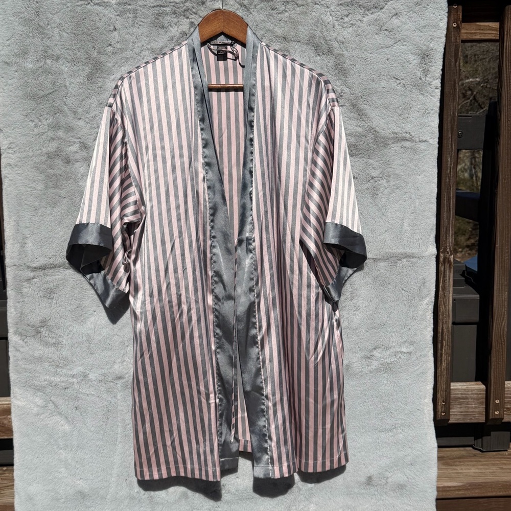 Victoria's Secret Pink & Gray Striped Satin Robe